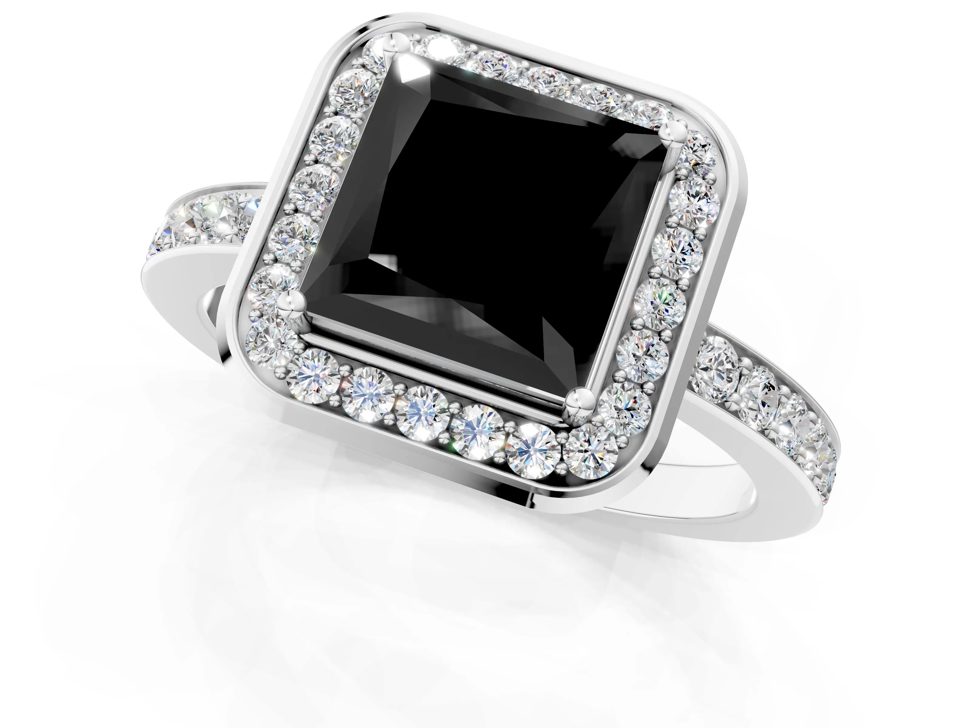 White gold Fancy Black Princess Cut Diamond Halo Ring with Bezel Frame and Pavé Band_1
