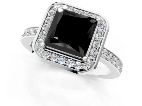White gold Fancy Black Princess Cut Diamond Halo Ring with Bezel Frame and Pavé Band_1