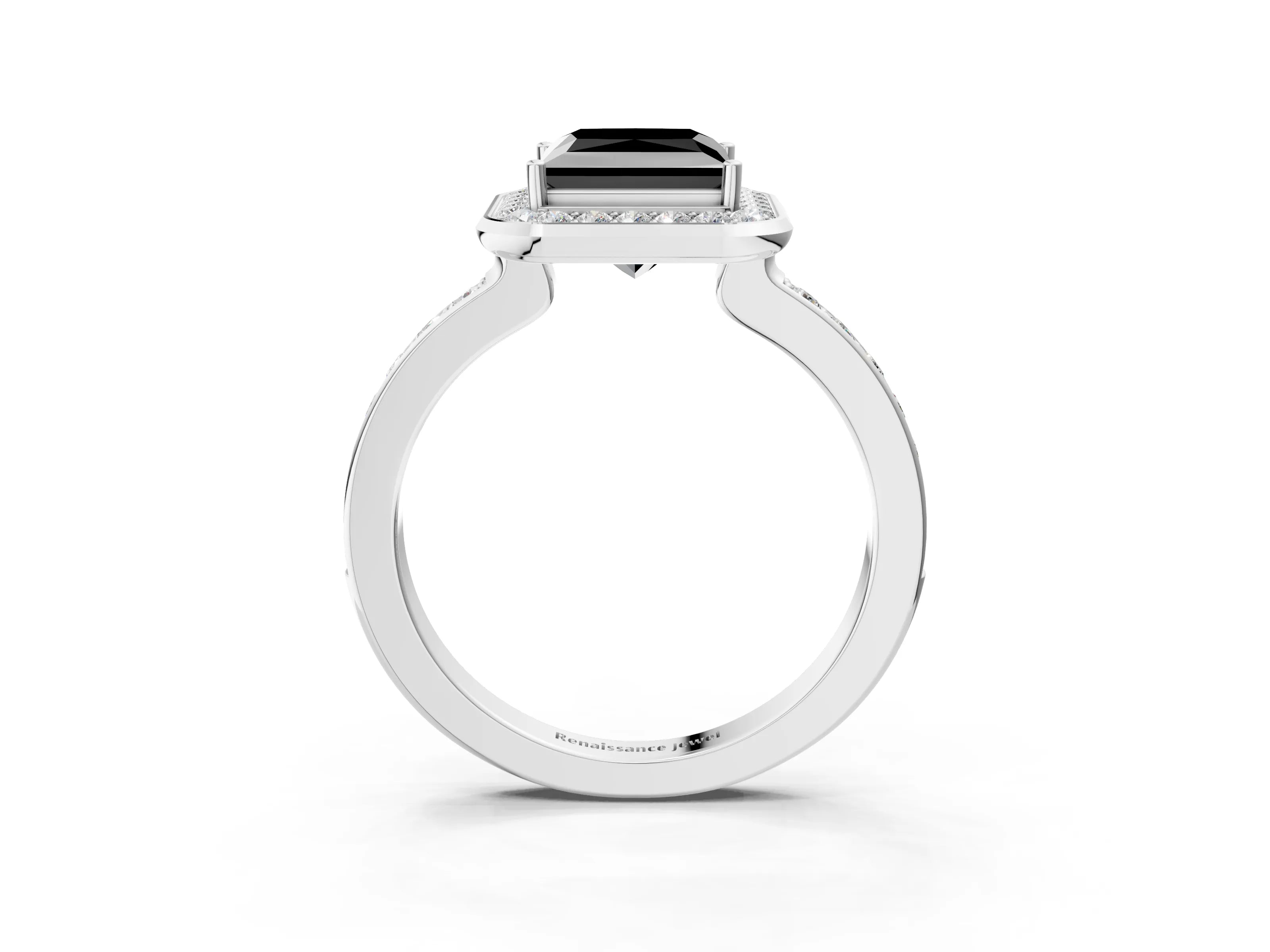 White gold Fancy Black Princess Cut Diamond Halo Ring with Bezel Frame and Pavé Band_3