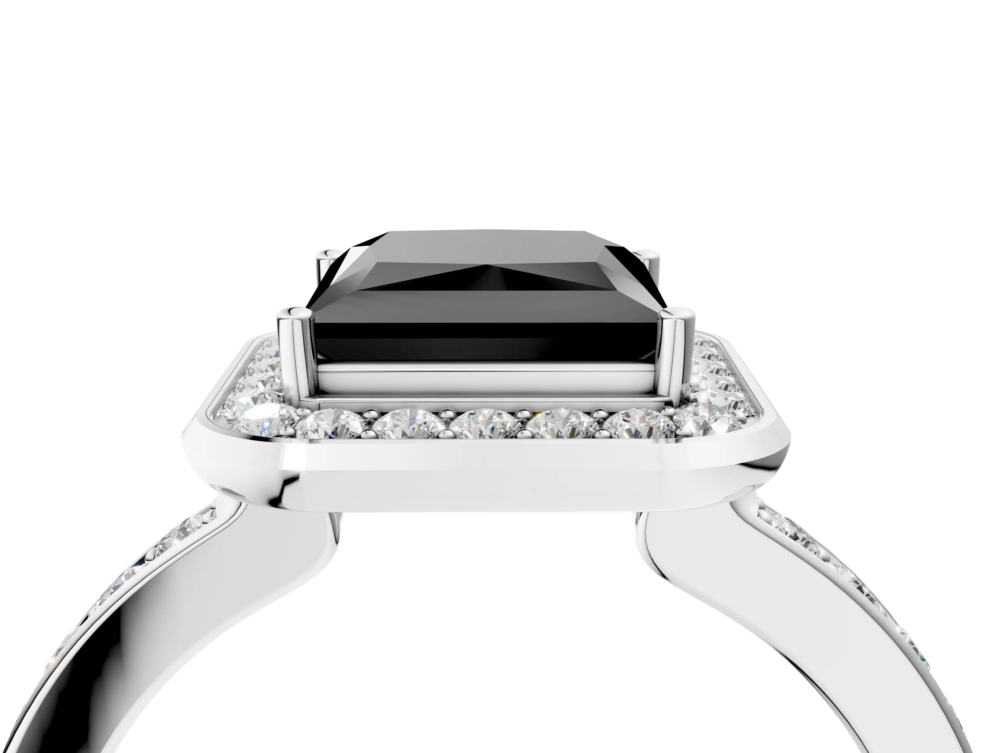White gold Fancy Black Princess Cut Diamond Halo Ring with Bezel Frame and Pavé Band_4