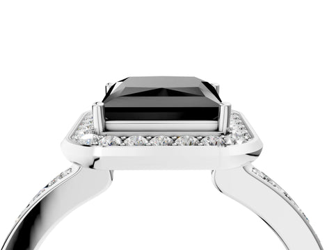 White gold Fancy Black Princess Cut Diamond Halo Ring with Bezel Frame and Pavé Band_4