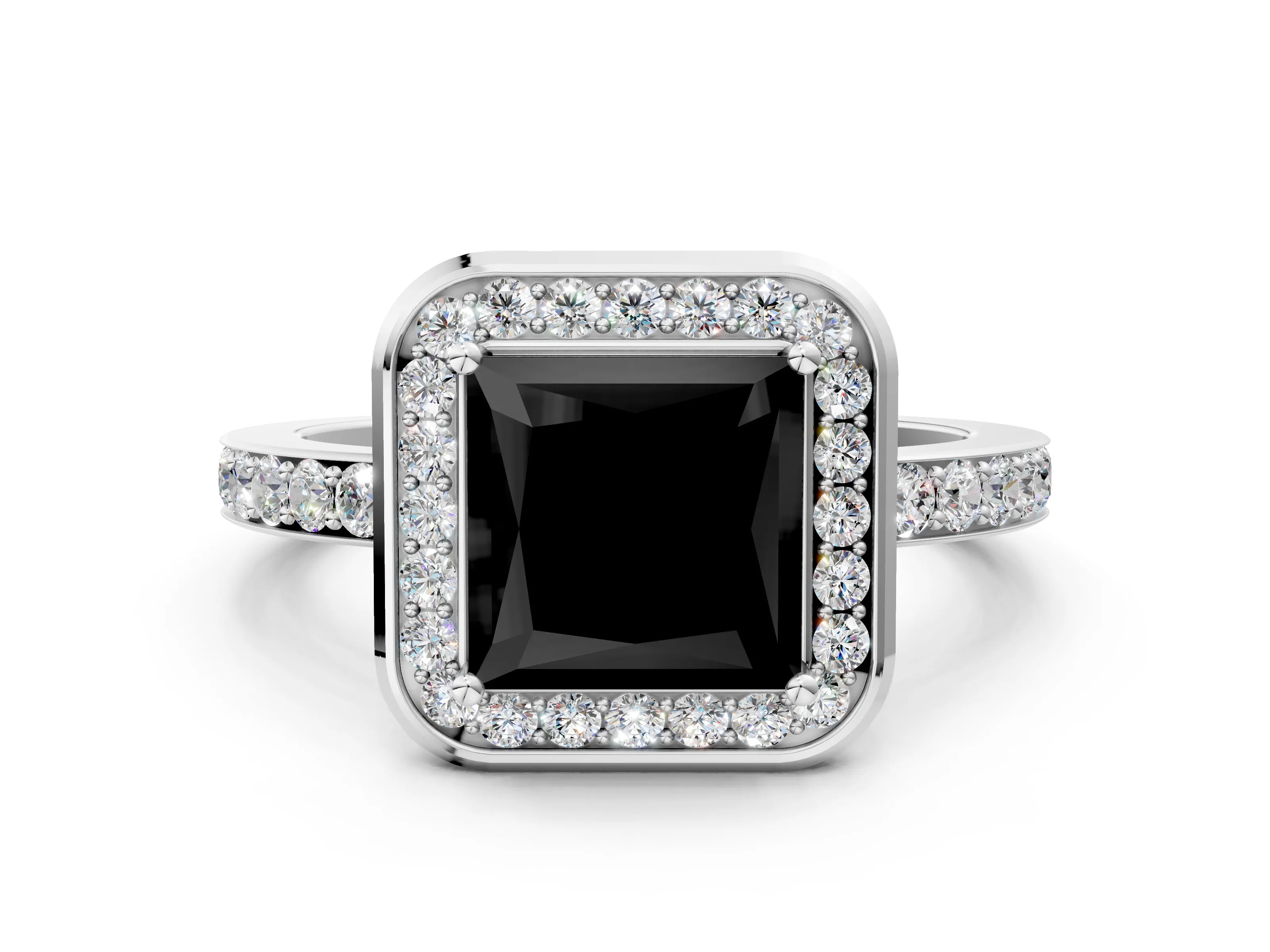 White gold Fancy Black Princess Cut Diamond Halo Ring with Bezel Frame and Pavé Band