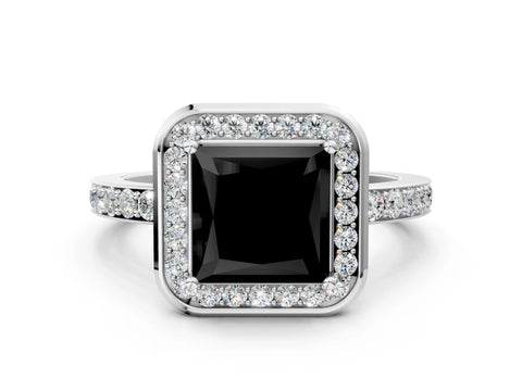 White gold Fancy Black Princess Cut Diamond Halo Ring with Bezel Frame and Pavé Band