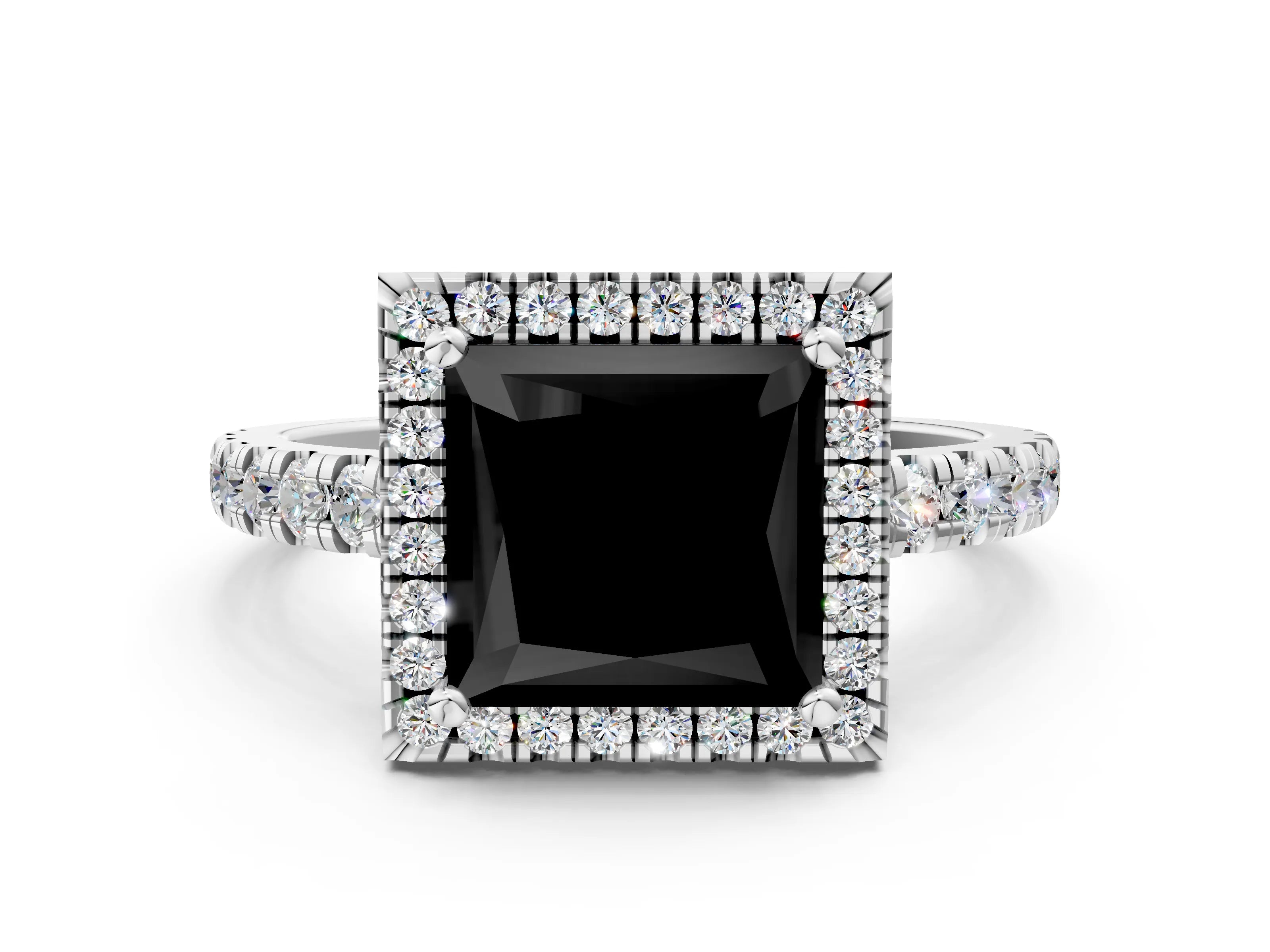 White gold Fancy Black Princess Cut Diamond Halo Ring with Pavé Band and Four-Prong Setting_12