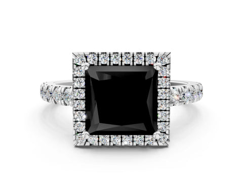 White gold Fancy Black Princess Cut Diamond Halo Ring with Pavé Band and Four-Prong Setting_12