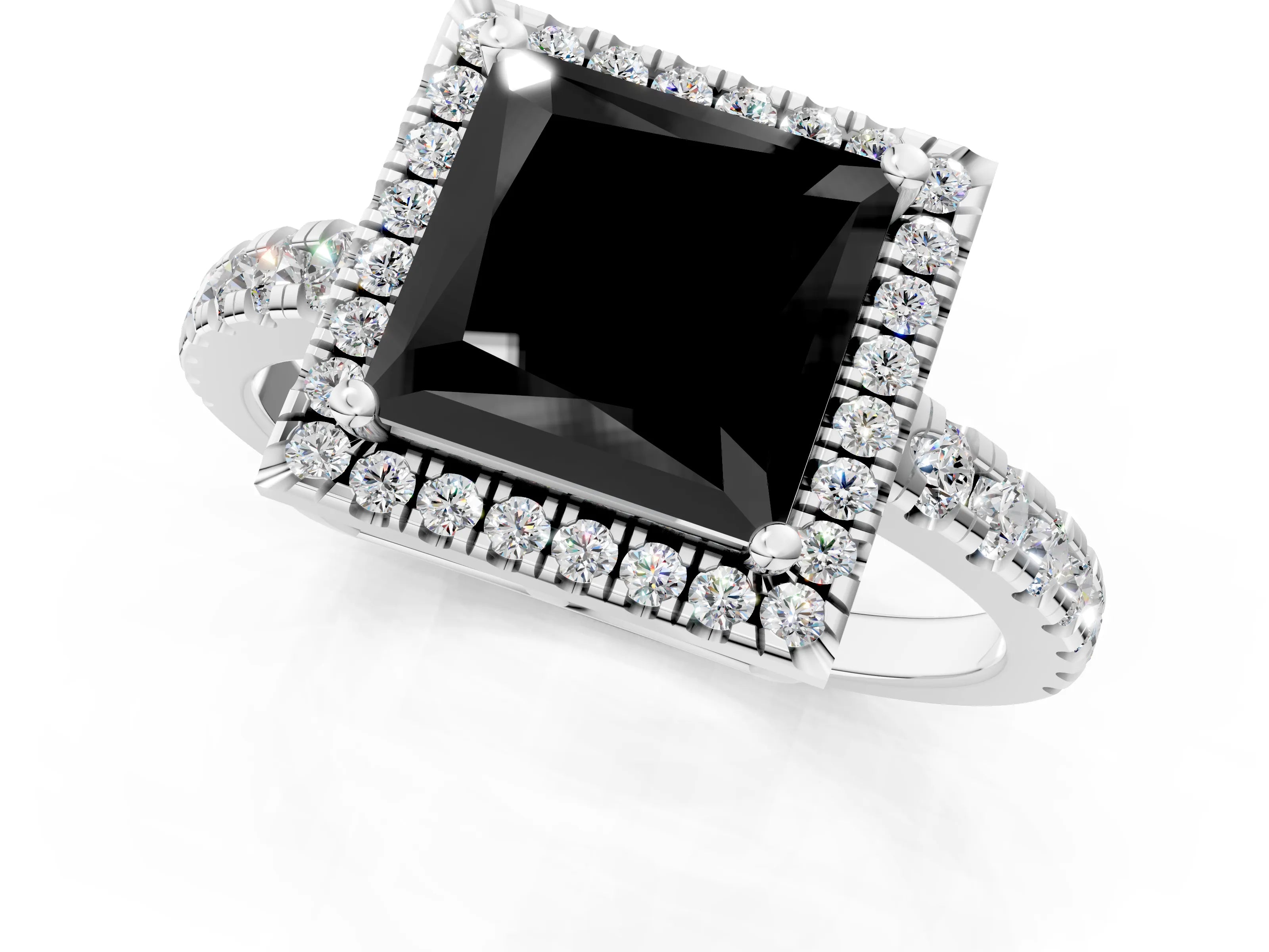 White gold Fancy Black Princess Cut Diamond Halo Ring with Pavé Band and Four-Prong Setting_13