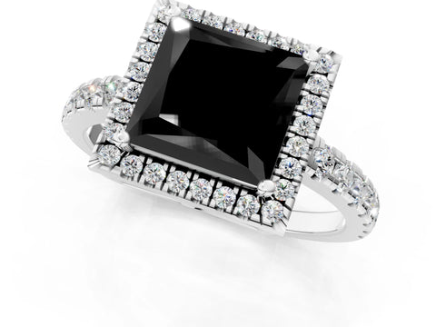 White gold Fancy Black Princess Cut Diamond Halo Ring with Pavé Band and Four-Prong Setting_13