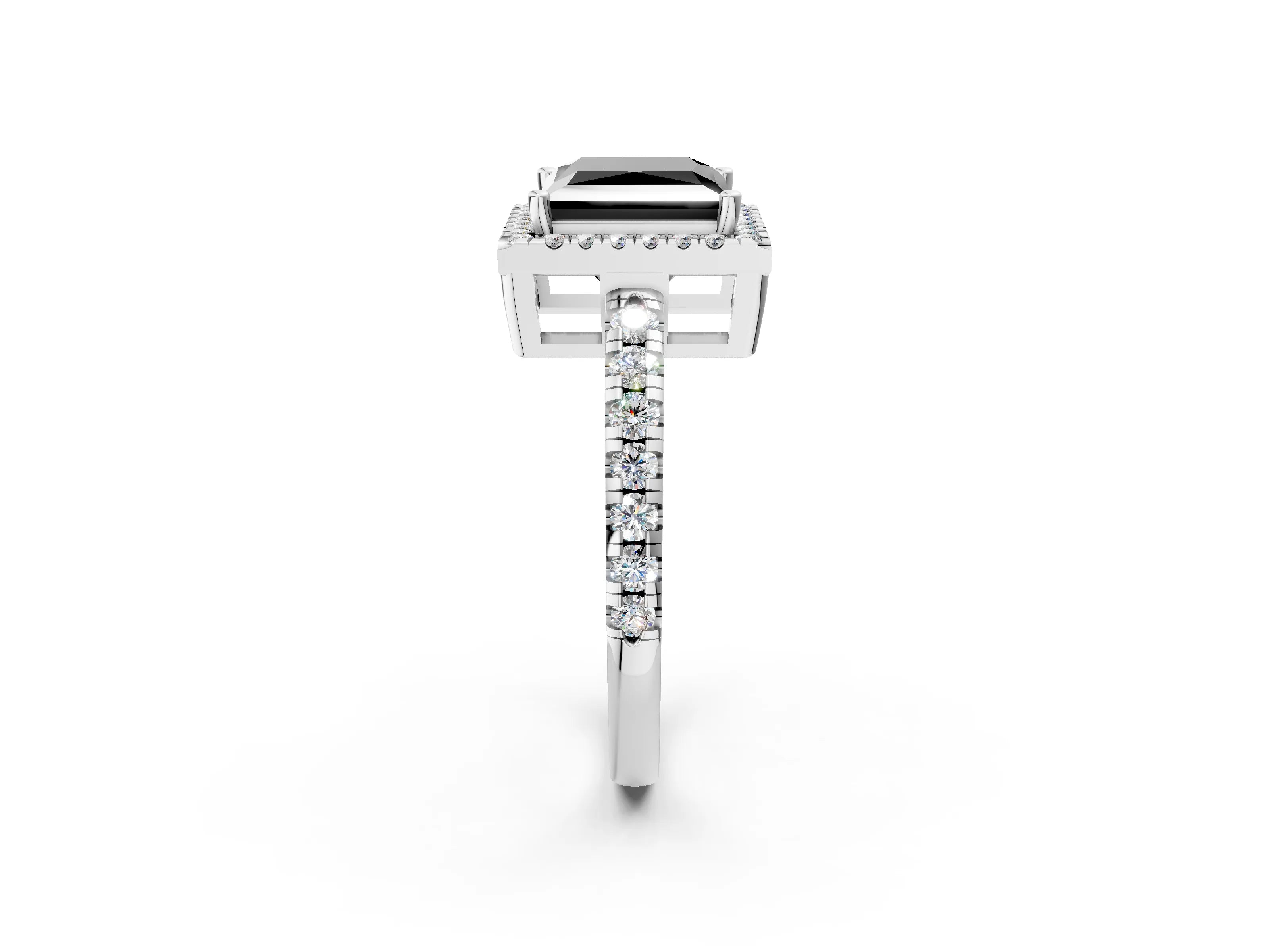 White gold Fancy Black Princess Cut Diamond Halo Ring with Pavé Band and Four-Prong Setting_14