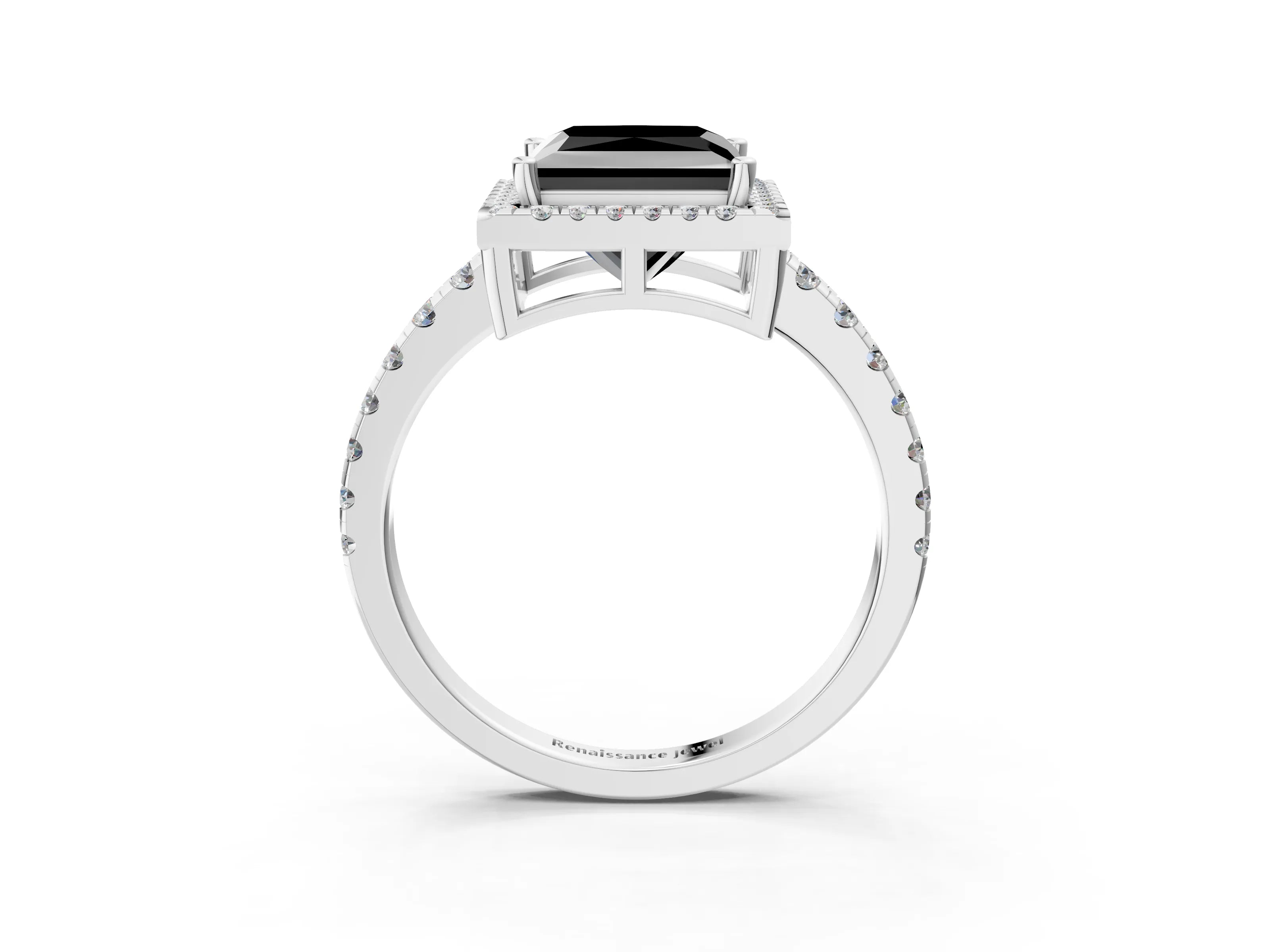 White gold Fancy Black Princess Cut Diamond Halo Ring with Pavé Band and Four-Prong Setting_15