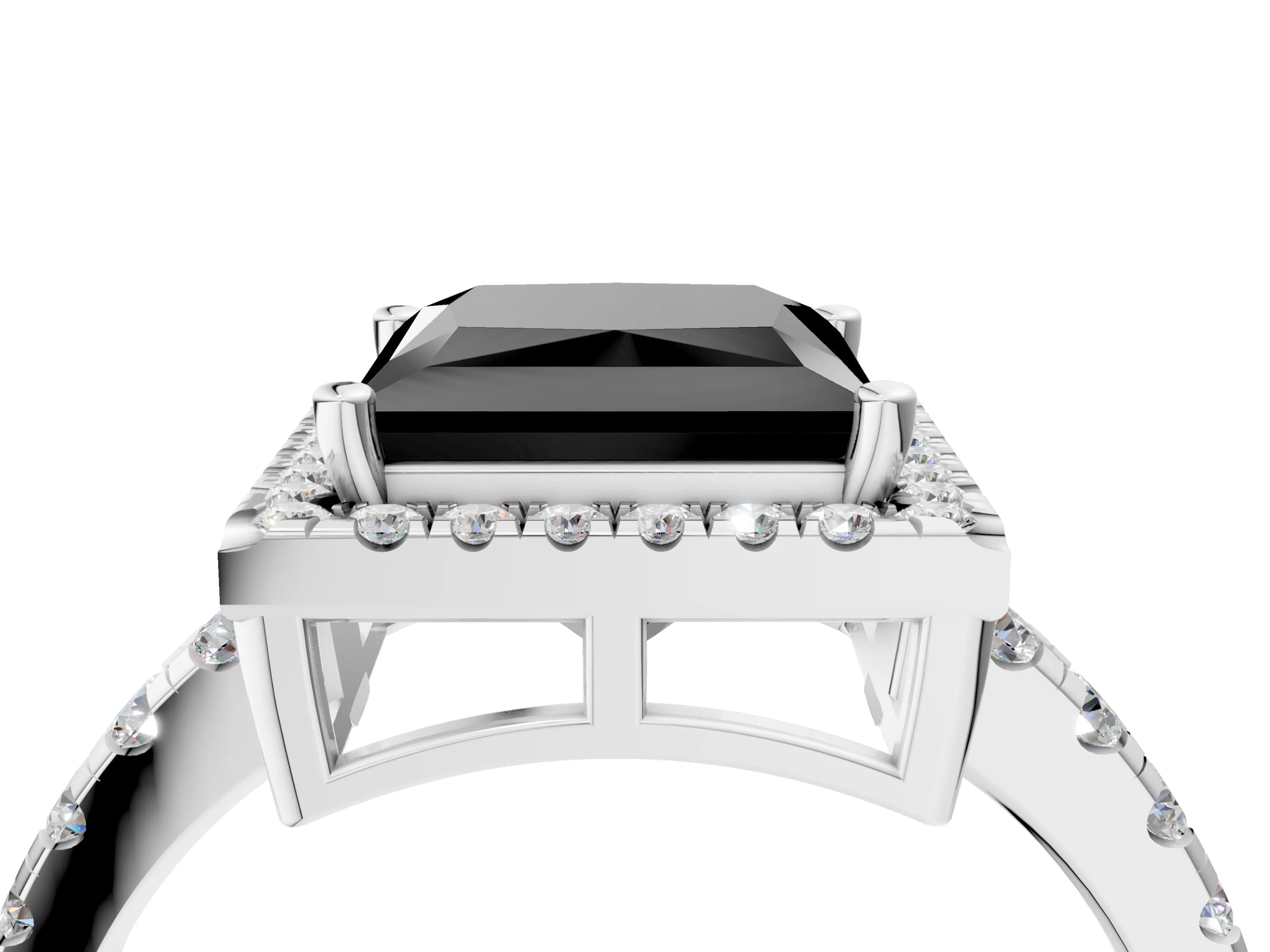 White gold Fancy Black Princess Cut Diamond Halo Ring with Pavé Band and Four-Prong Setting_16