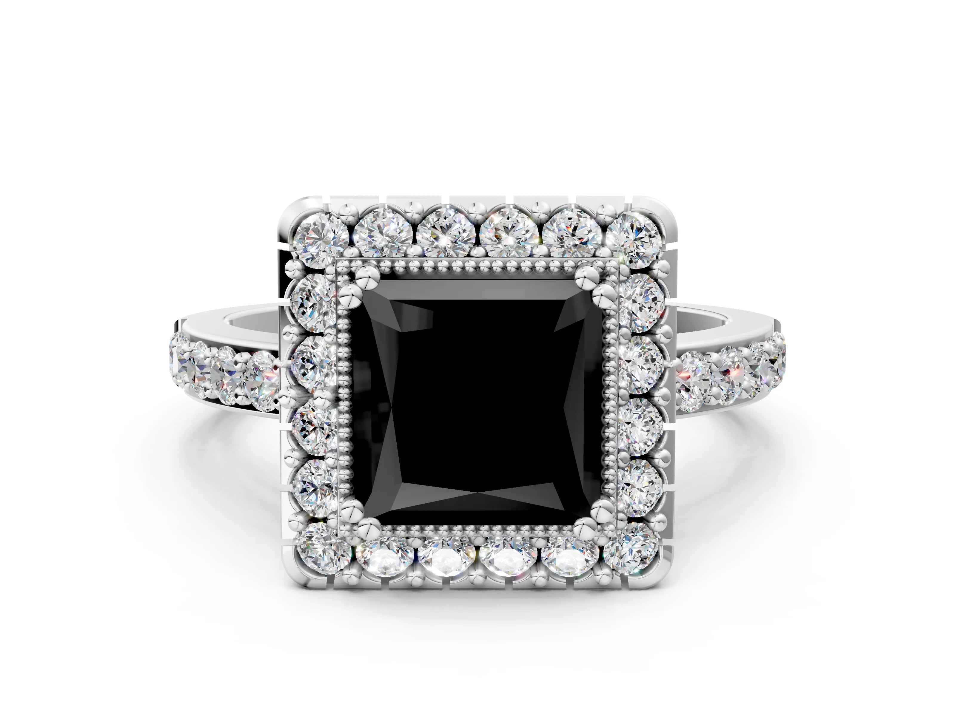 White gold Fancy Black Princess Cut Diamond Halo Ring with Pavé Band and Prong Setting
