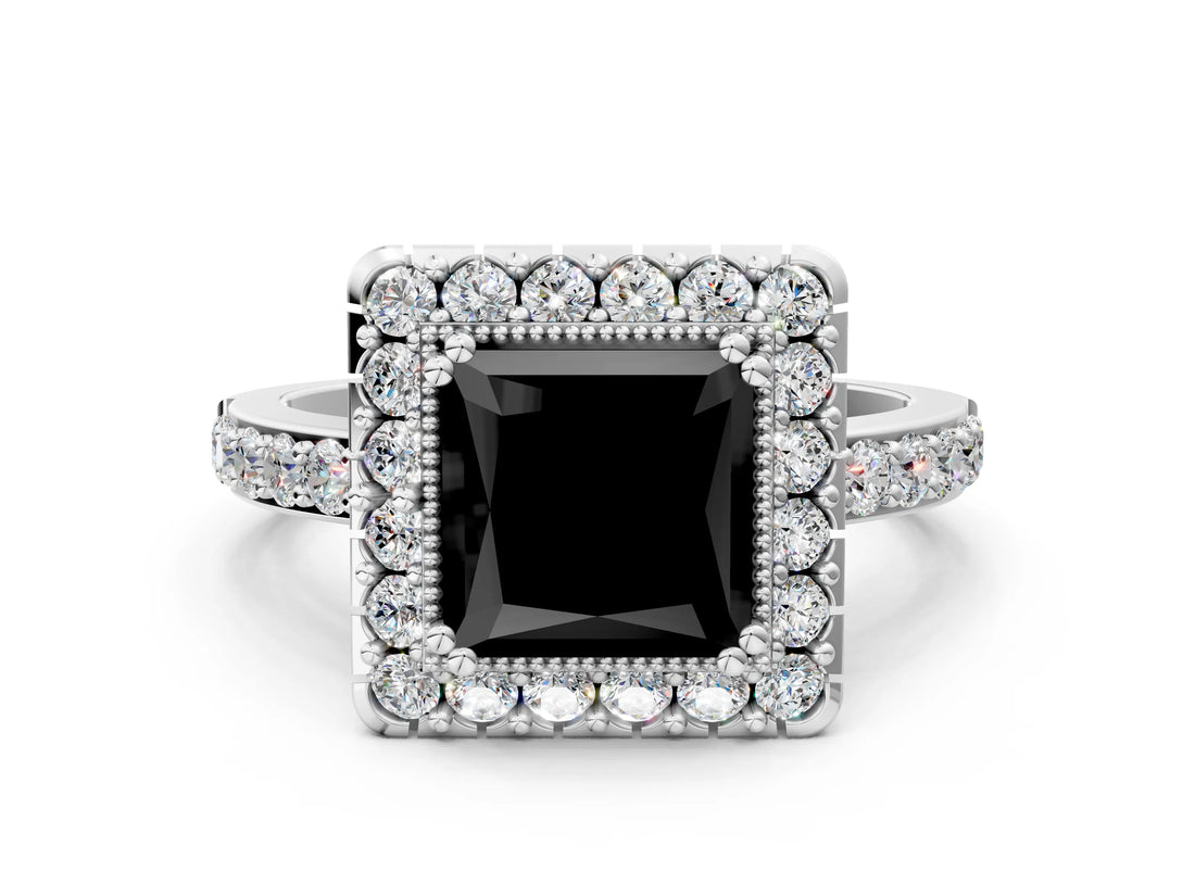 White gold Fancy Black Princess Cut Diamond Halo Ring with Pavé Band and Prong Setting
