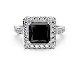 White gold Fancy Black Princess Cut Diamond Halo Ring with Pavé Band and Prong Setting