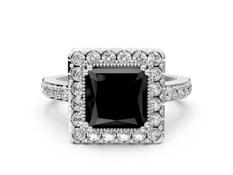 White gold Fancy Black Princess Cut Diamond Halo Ring with Pavé Band and Prong Setting