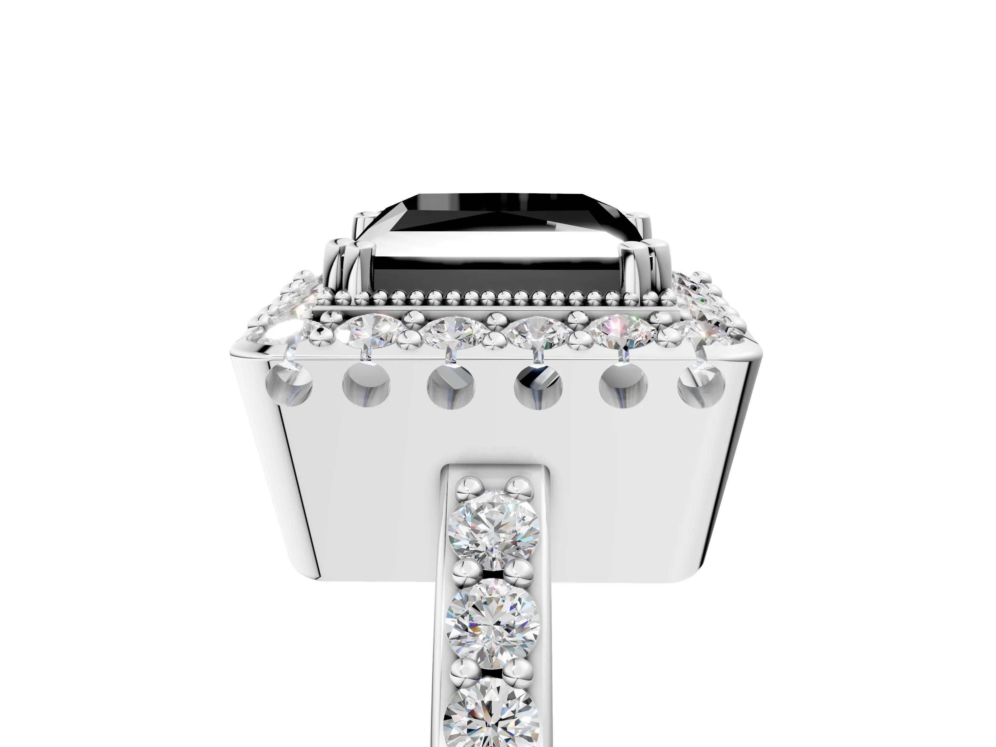 White gold Fancy Black Princess Cut Diamond Halo Ring with Pavé Band and Prong Setting_17