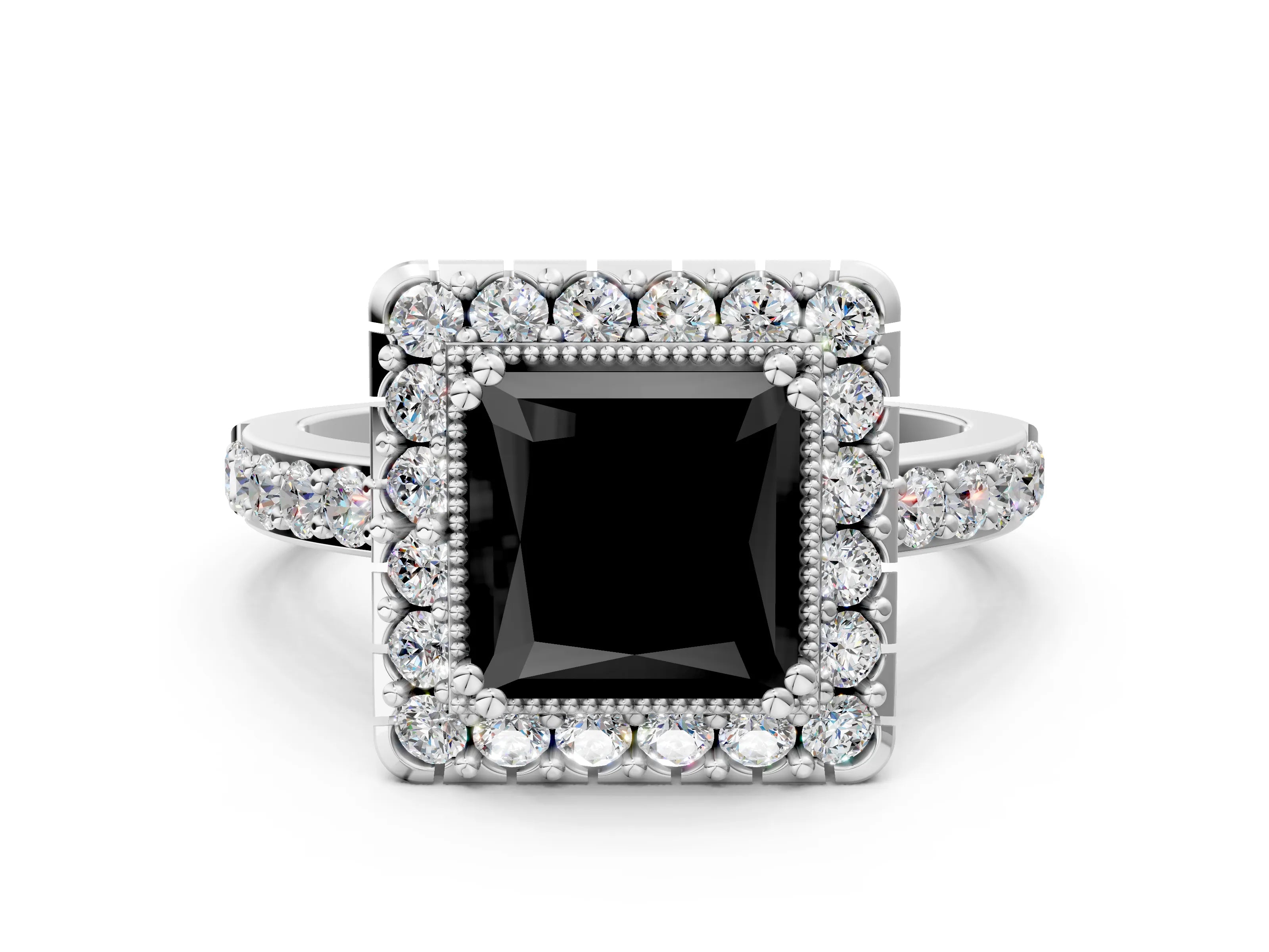 White gold Fancy Black Princess Cut Diamond Halo Ring with Pavé Band and Prong Setting_22