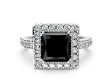 White gold Fancy Black Princess Cut Diamond Halo Ring with Pavé Band and Prong Setting_22