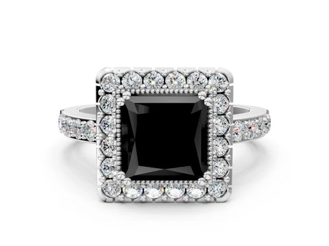 White gold Fancy Black Princess Cut Diamond Halo Ring with Pavé Band and Prong Setting_22