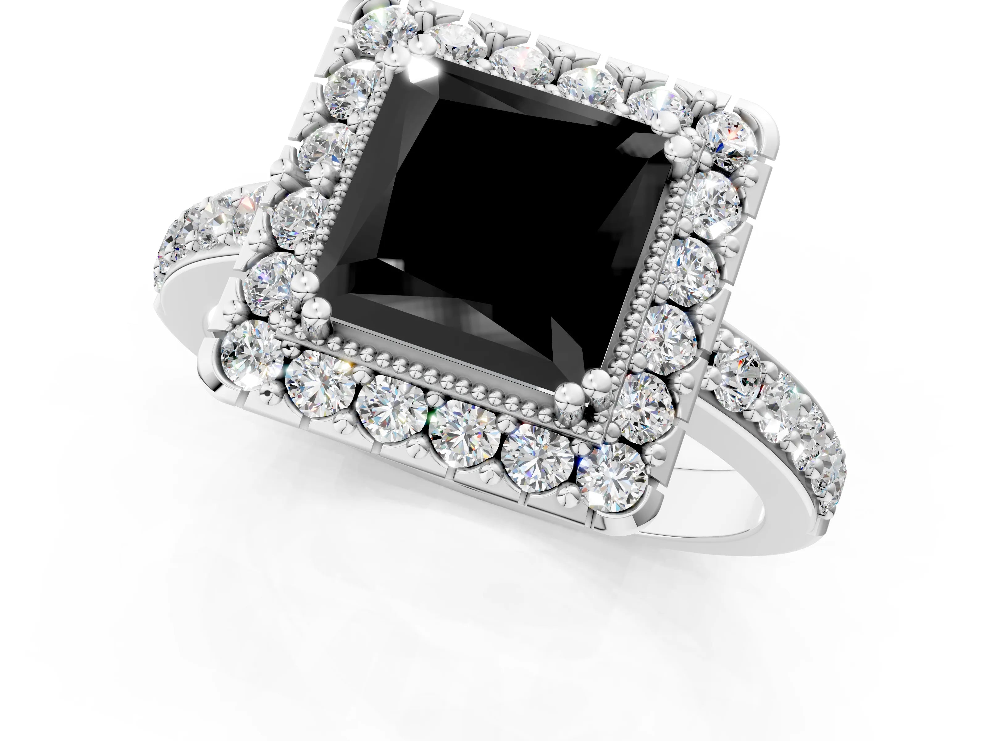 White gold Fancy Black Princess Cut Diamond Halo Ring with Pavé Band and Prong Setting_23