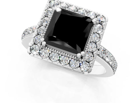 White gold Fancy Black Princess Cut Diamond Halo Ring with Pavé Band and Prong Setting_23