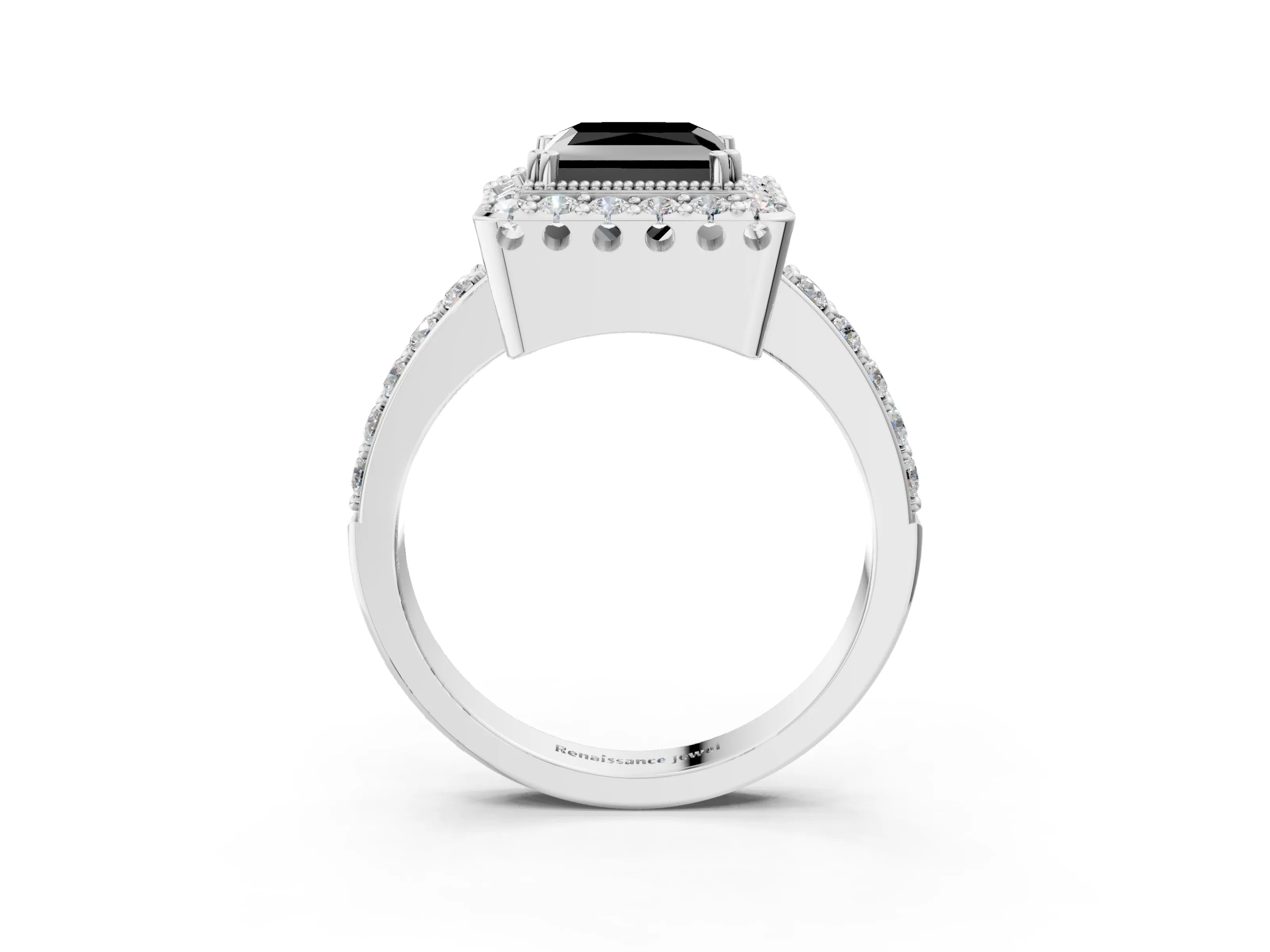 White gold Fancy Black Princess Cut Diamond Halo Ring with Pavé Band and Prong Setting_25