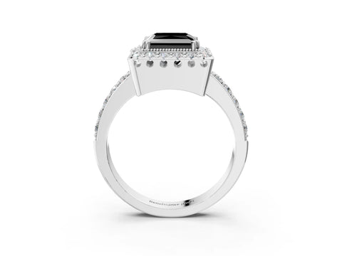 White gold Fancy Black Princess Cut Diamond Halo Ring with Pavé Band and Prong Setting_25