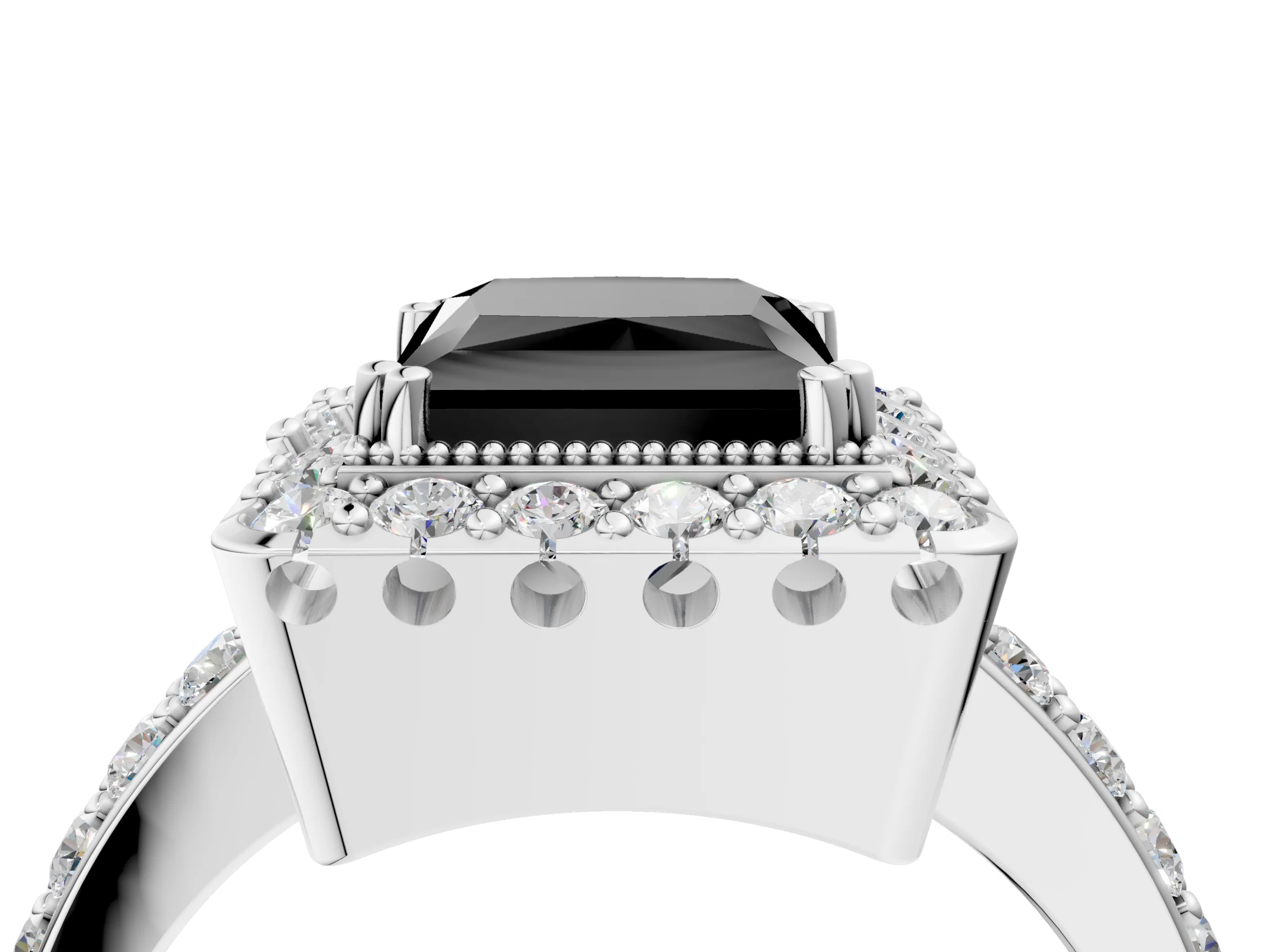 White gold Fancy Black Princess Cut Diamond Halo Ring with Pavé Band and Prong Setting_26