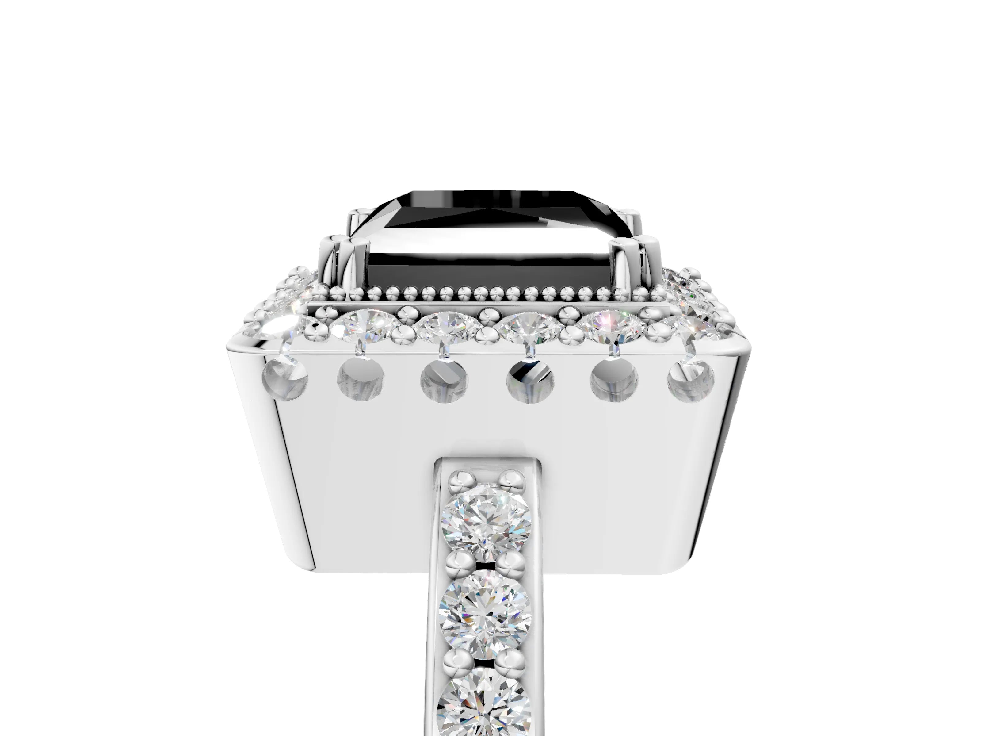 White gold Fancy Black Princess Cut Diamond Halo Ring with Pavé Band and Prong Setting_27