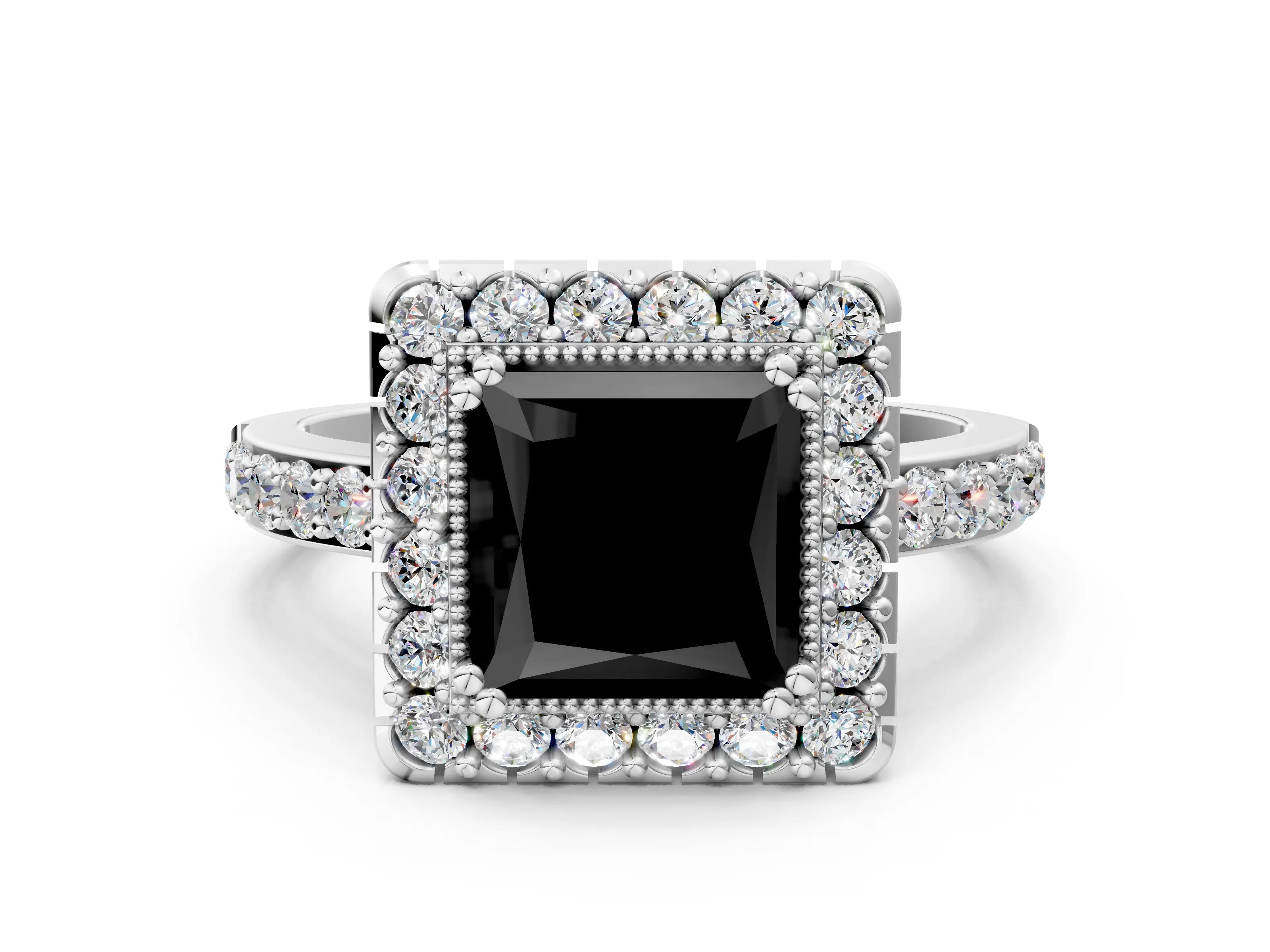 White gold Fancy Black Princess Cut Diamond Halo Ring with Pavé Band and Prong Setting_30