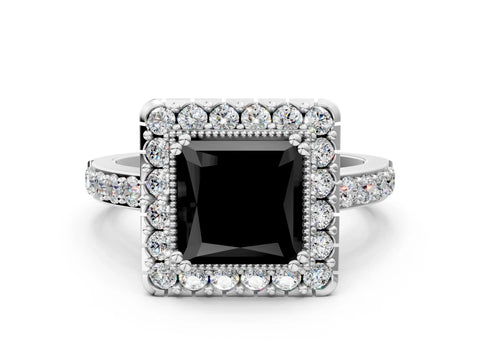 White gold Fancy Black Princess Cut Diamond Halo Ring with Pavé Band and Prong Setting_35