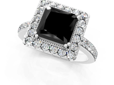 White gold Fancy Black Princess Cut Diamond Halo Ring with Pavé Band and Prong Setting_36