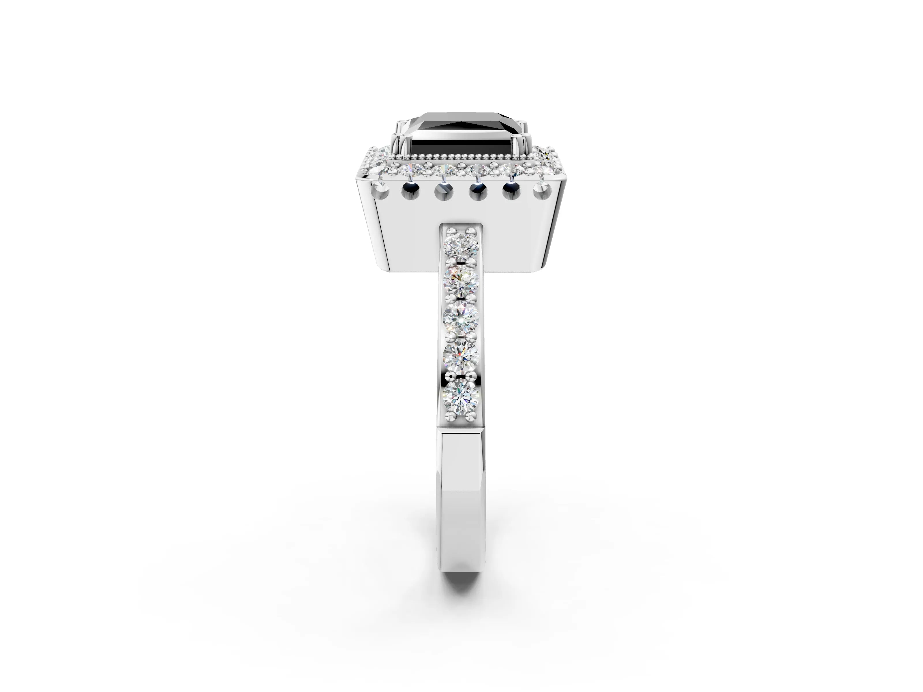 White gold Fancy Black Princess Cut Diamond Halo Ring with Pavé Band and Prong Setting_37