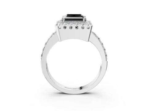 White gold Fancy Black Princess Cut Diamond Halo Ring with Pavé Band and Prong Setting_38