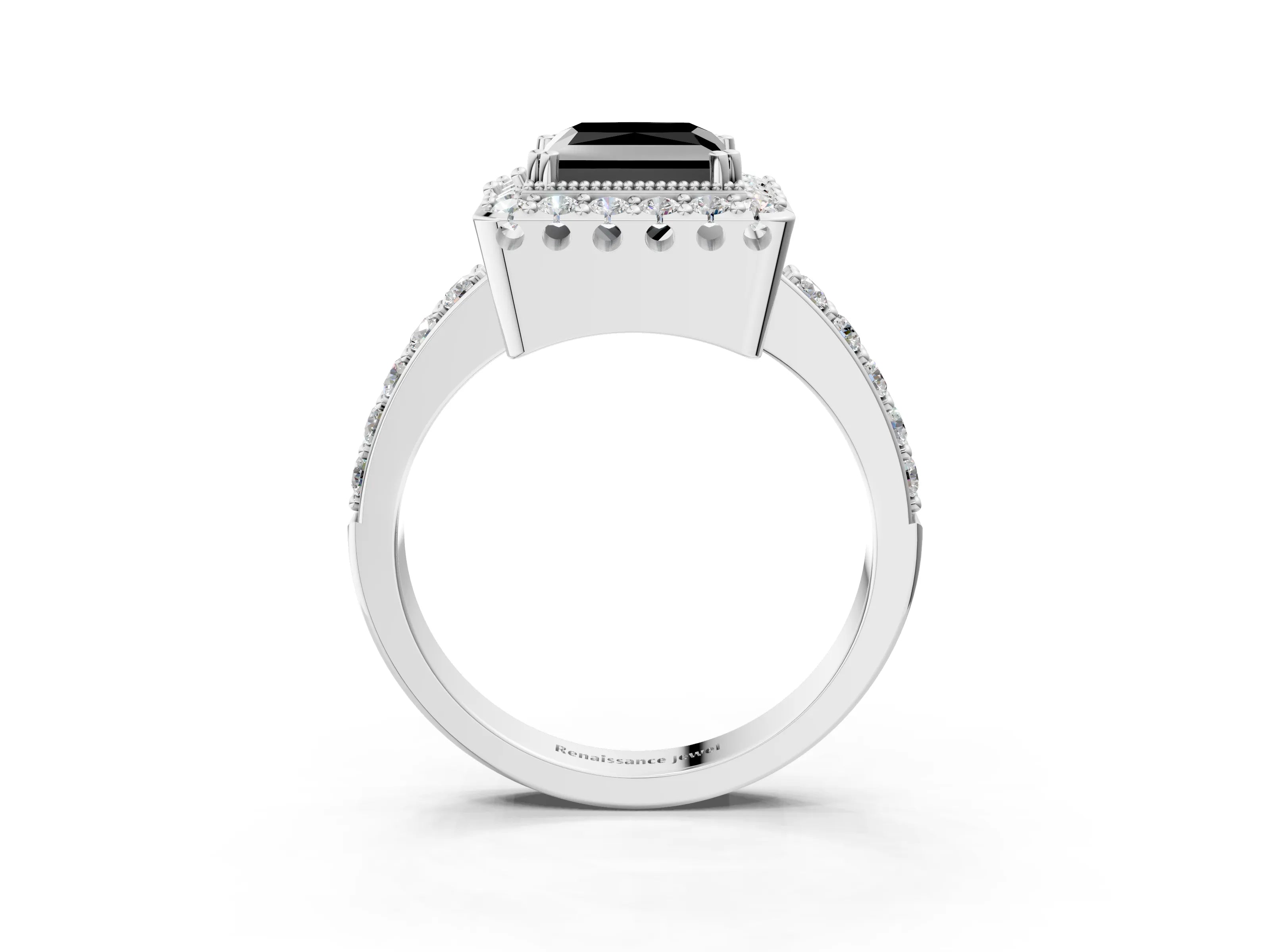 White gold Fancy Black Princess Cut Diamond Halo Ring with Pavé Band and Prong Setting_3