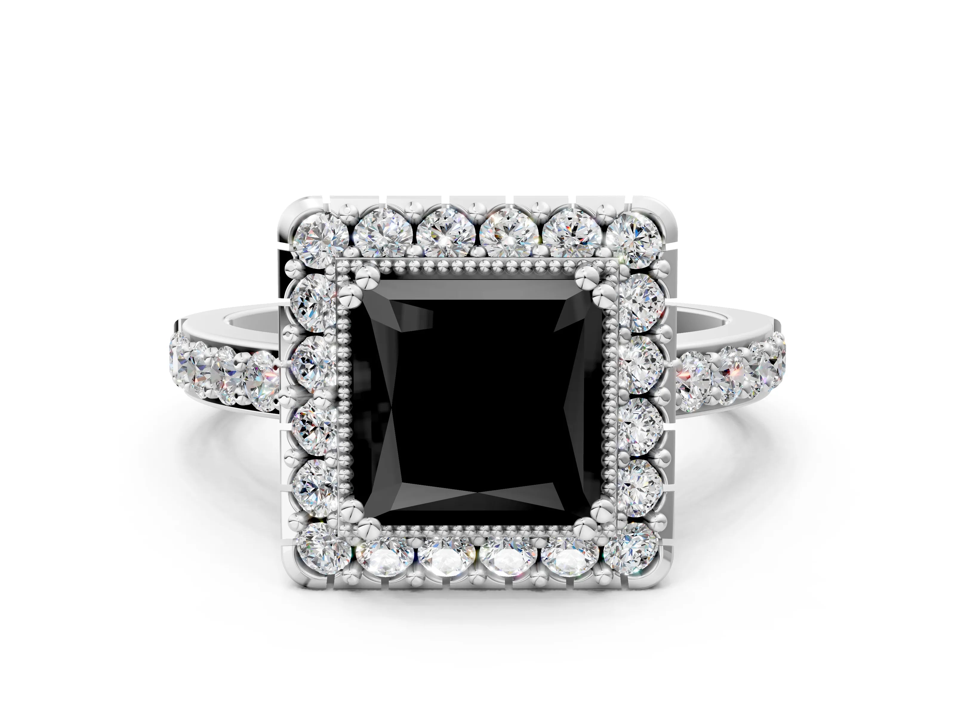 White gold Fancy Black Princess Cut Diamond Halo Ring with Pavé Band and Prong Setting_48