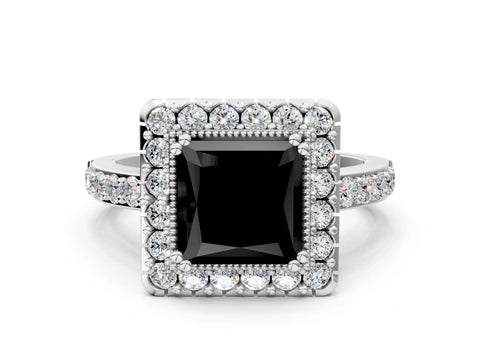 White gold Fancy Black Princess Cut Diamond Halo Ring with Pavé Band and Prong Setting_48