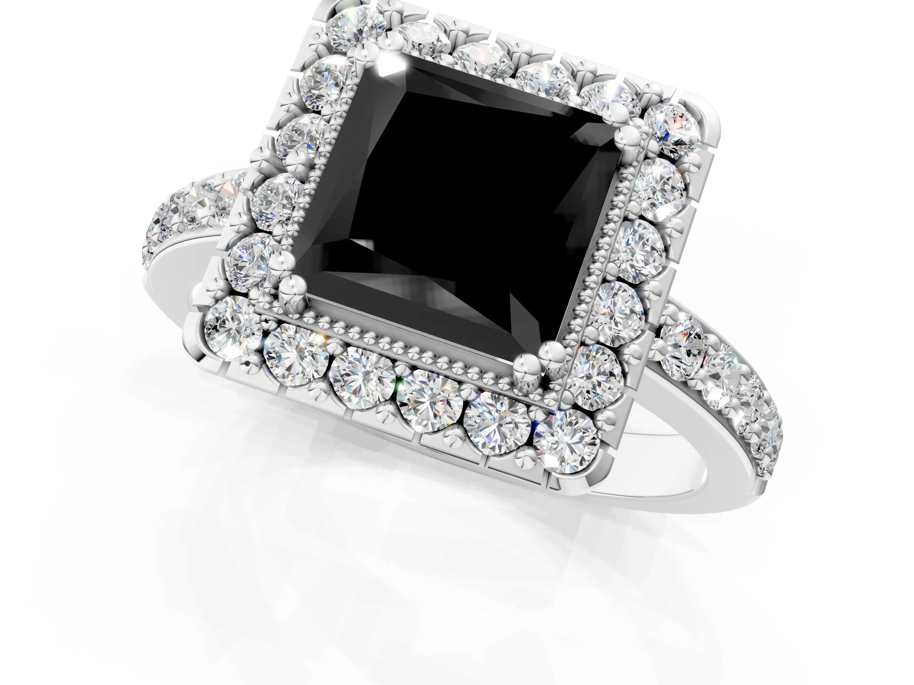 White gold Fancy Black Princess Cut Diamond Halo Ring with Pavé Band and Prong Setting_49