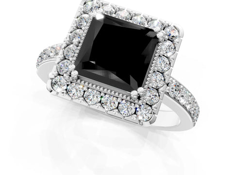 White gold Fancy Black Princess Cut Diamond Halo Ring with Pavé Band and Prong Setting_49