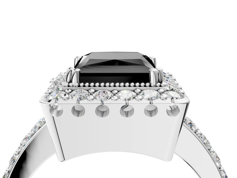 White gold Fancy Black Princess Cut Diamond Halo Ring with Pavé Band and Prong Setting_4