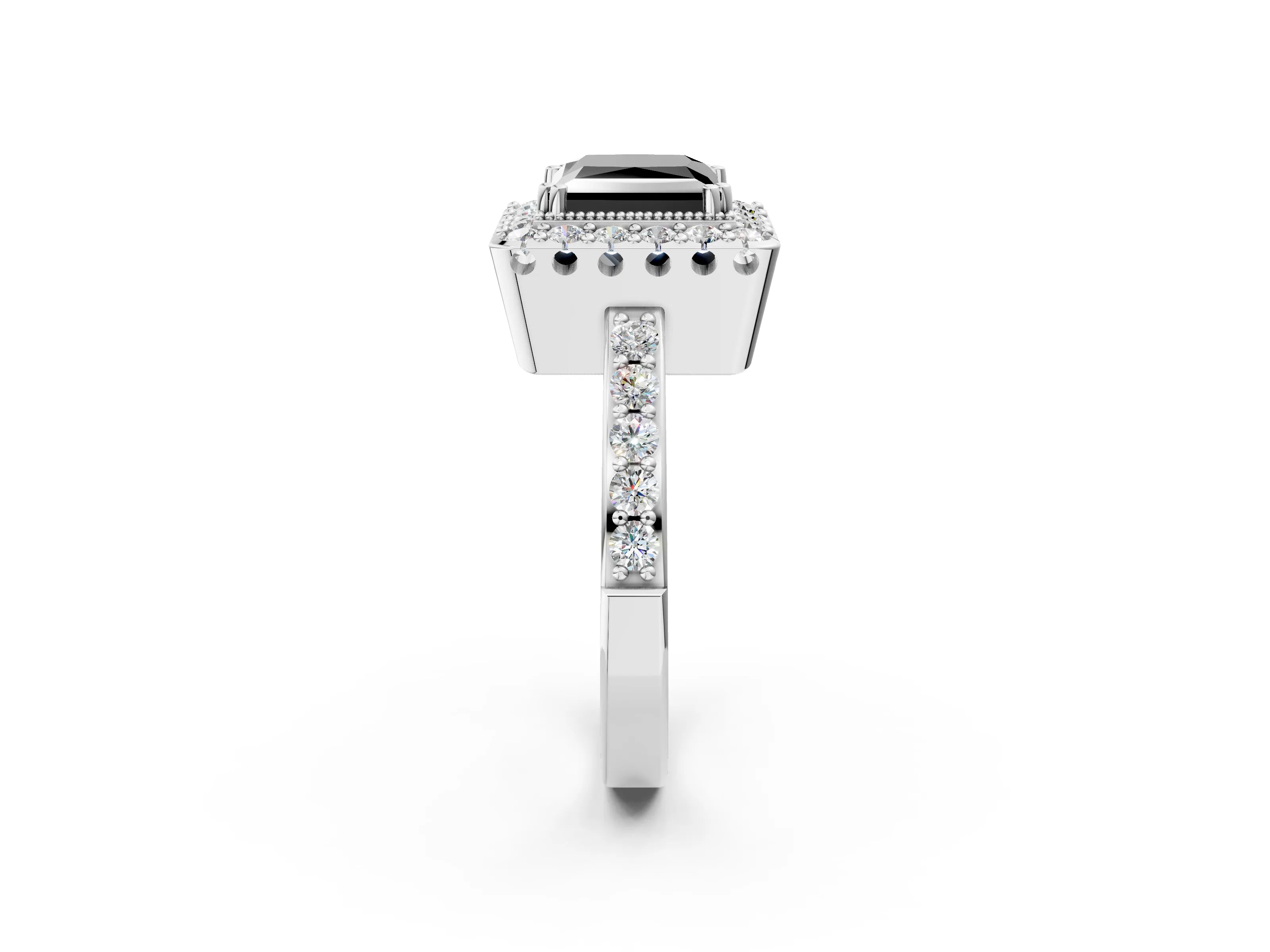 White gold Fancy Black Princess Cut Diamond Halo Ring with Pavé Band and Prong Setting_50
