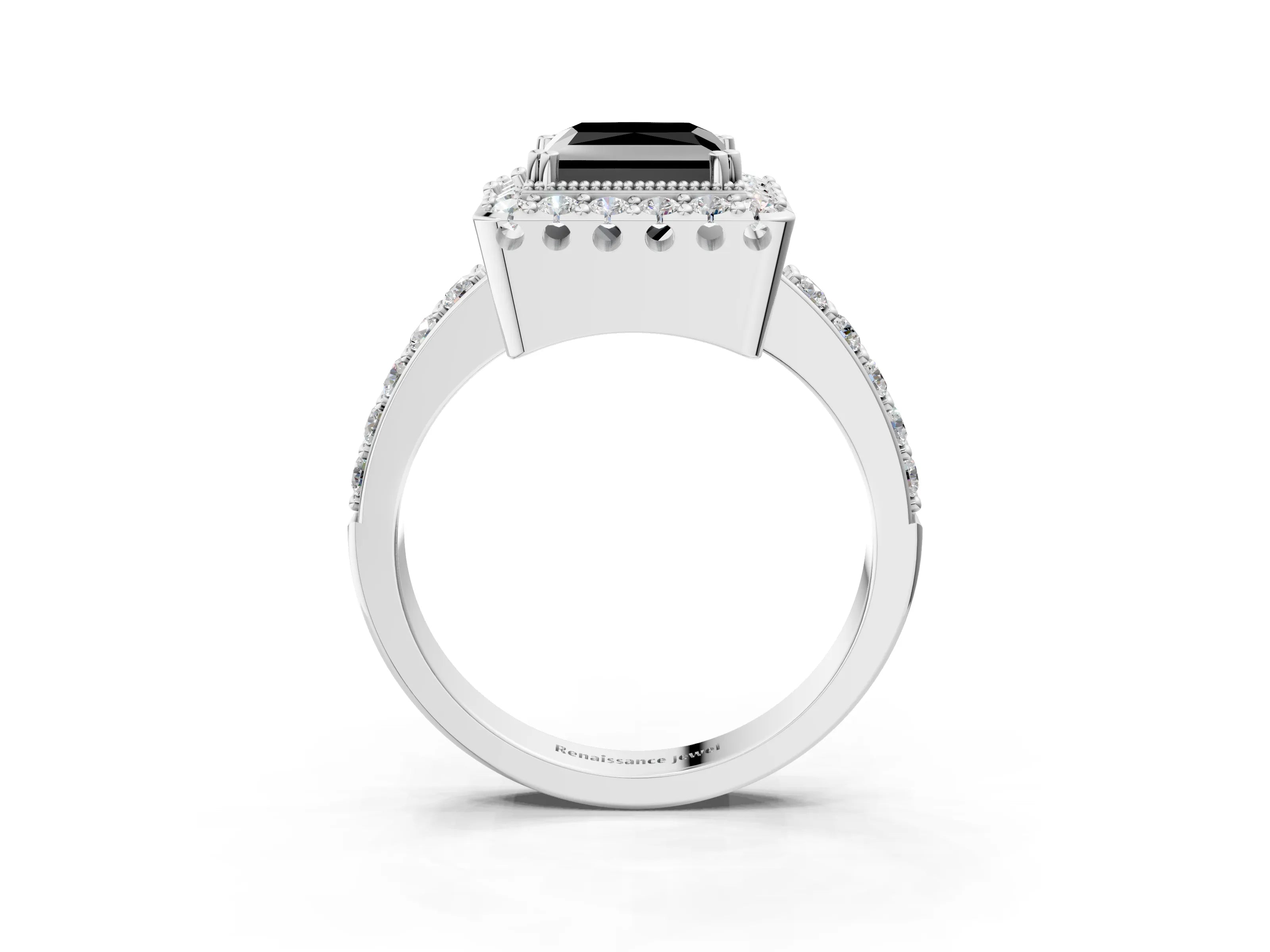 White gold Fancy Black Princess Cut Diamond Halo Ring with Pavé Band and Prong Setting_51