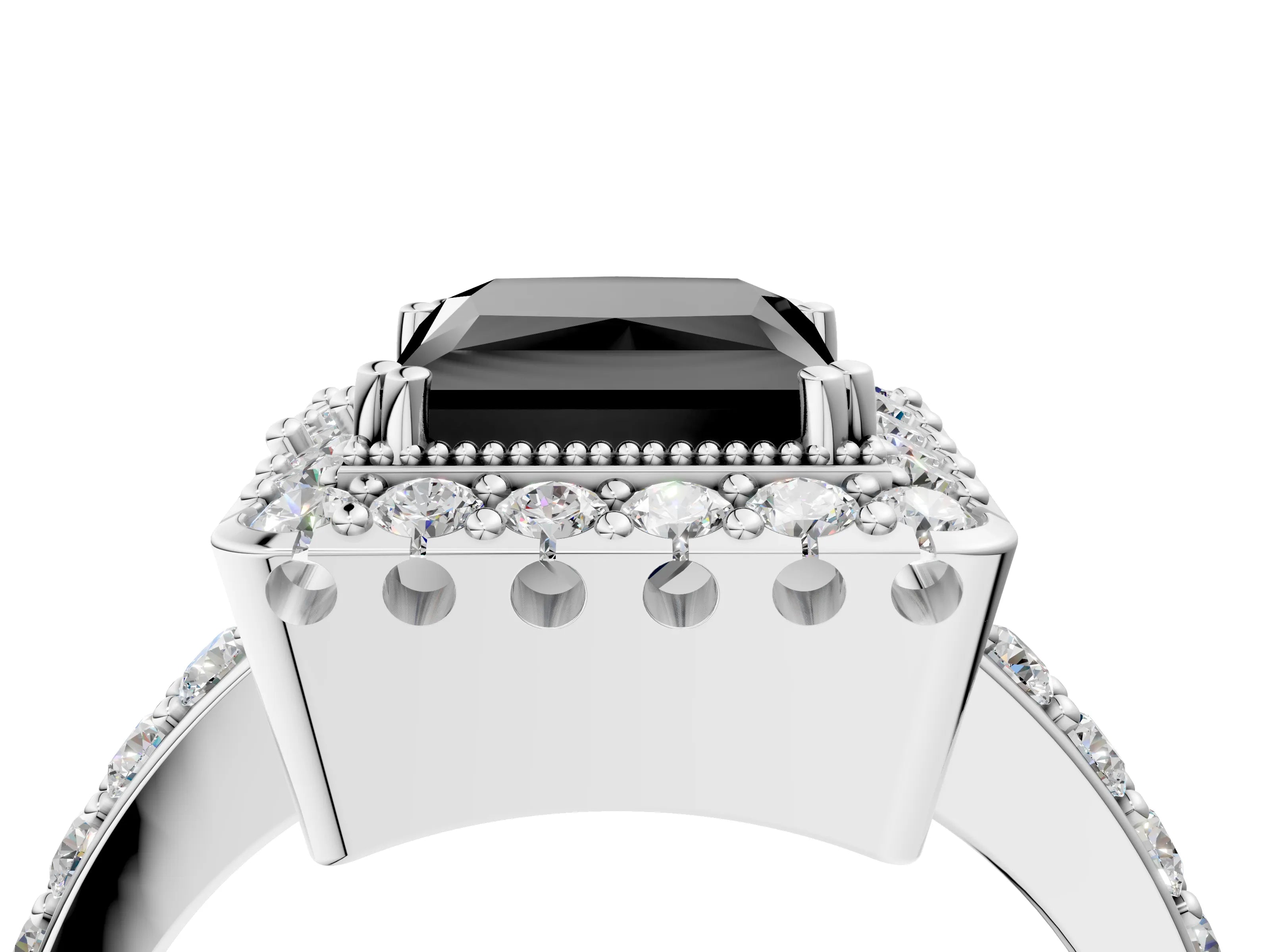 White gold Fancy Black Princess Cut Diamond Halo Ring with Pavé Band and Prong Setting_52