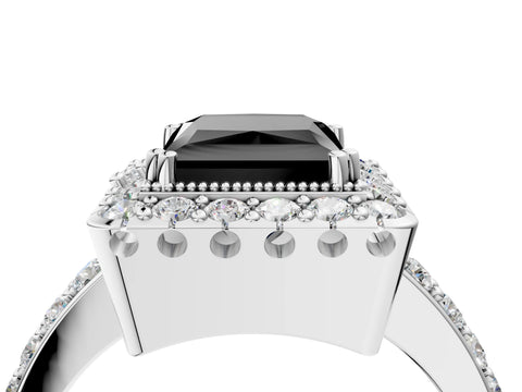 White gold Fancy Black Princess Cut Diamond Halo Ring with Pavé Band and Prong Setting_52