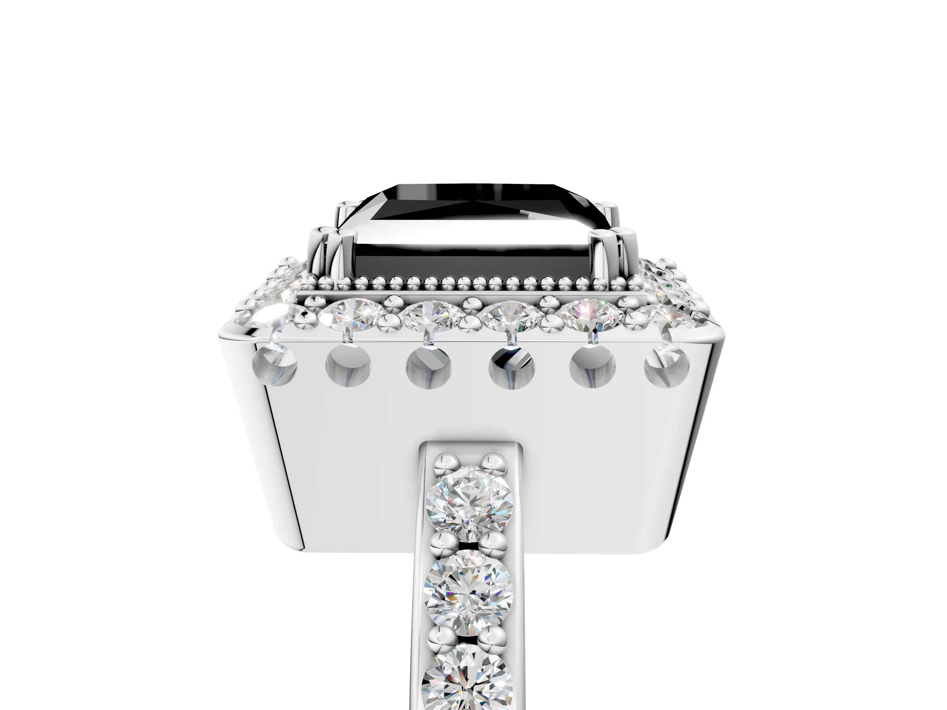 White gold Fancy Black Princess Cut Diamond Halo Ring with Pavé Band and Prong Setting_53