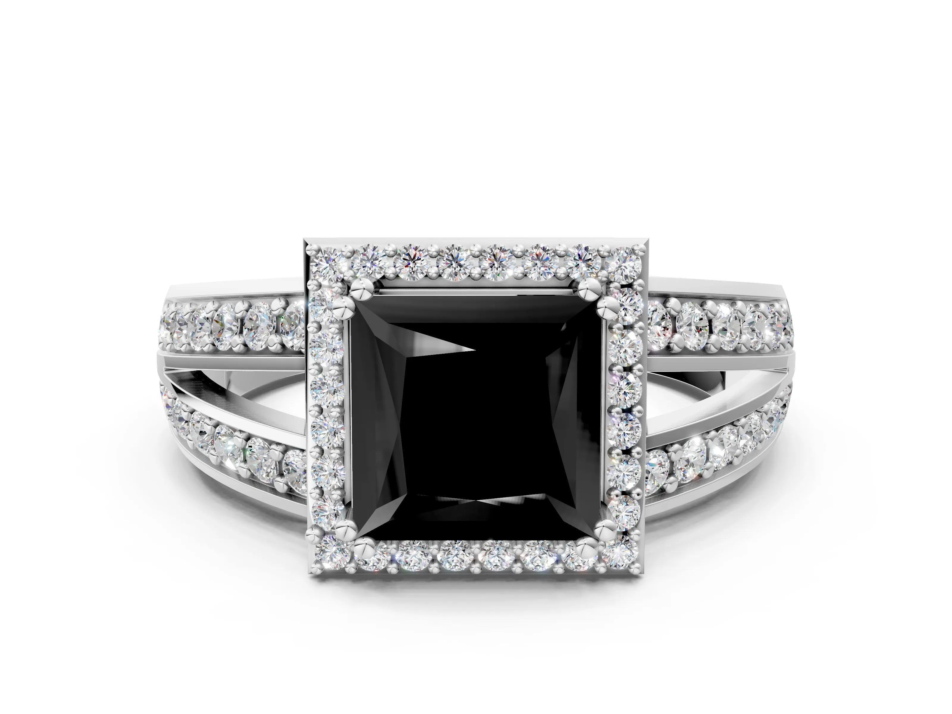 White gold Fancy Black Princess Cut Diamond Halo Ring with Split Shank Pavé Band and Four-Prong Setting