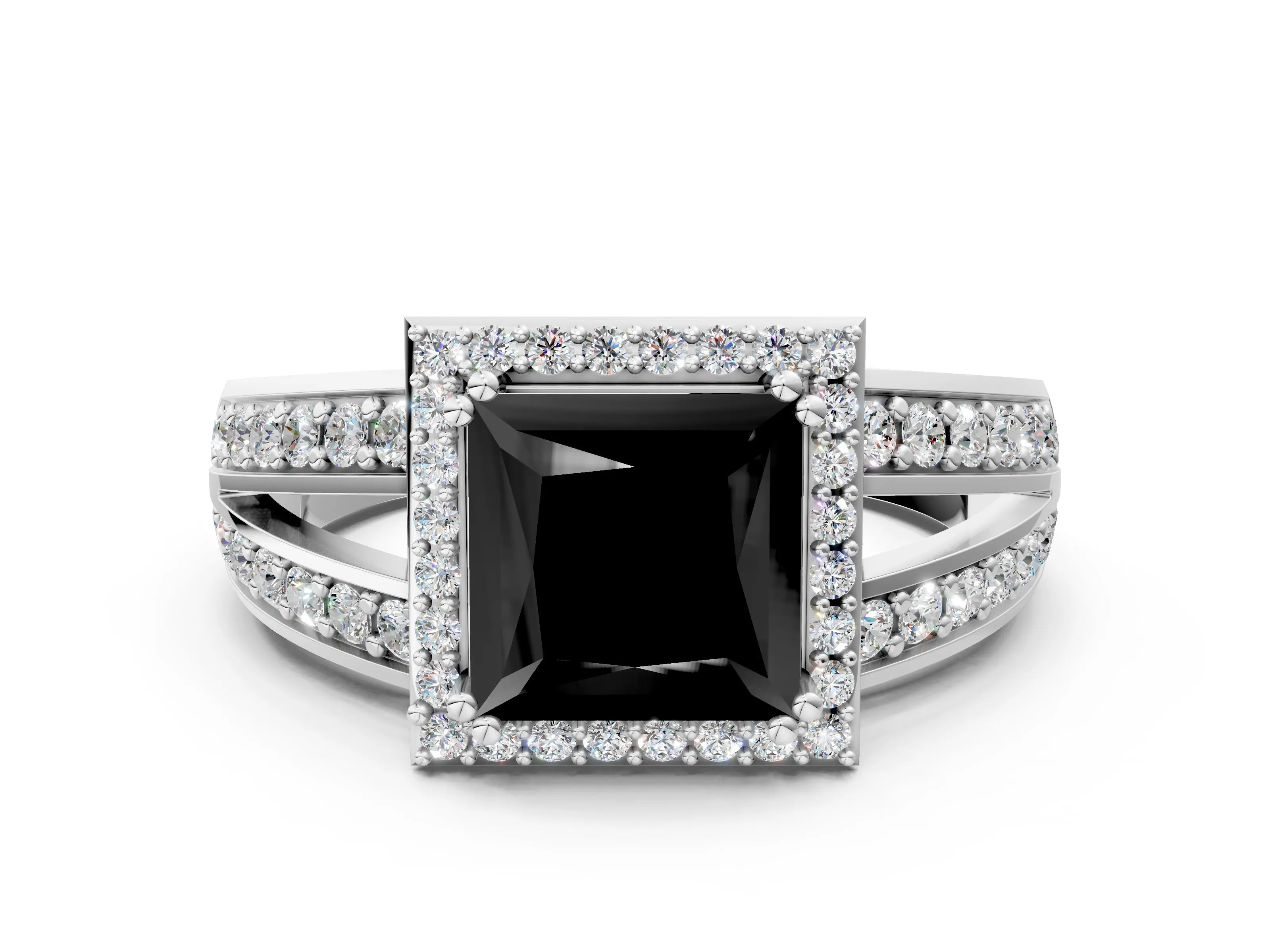 White gold Fancy Black Princess Cut Diamond Halo Ring with Split Shank Pavé Band and Four-Prong Setting_12
