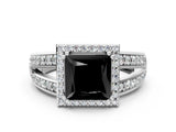 White gold Fancy Black Princess Cut Diamond Halo Ring with Split Shank Pavé Band and Four-Prong Setting_12