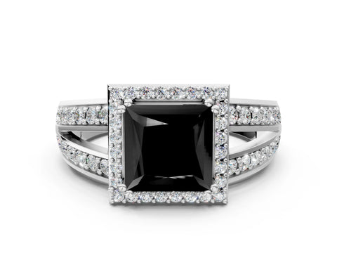 White gold Fancy Black Princess Cut Diamond Halo Ring with Split Shank Pavé Band and Four-Prong Setting_12
