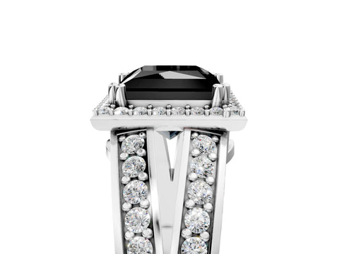 White gold Fancy Black Princess Cut Diamond Halo Ring with Split Shank Pavé Band and Four-Prong Setting_17