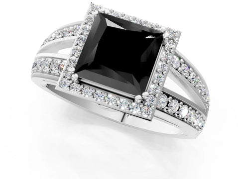 White gold Fancy Black Princess Cut Diamond Halo Ring with Split Shank Pavé Band and Four-Prong Setting_1